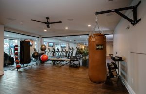 Luxe 88 Stretching room with boxing bag, free weights, and exercise balls and mats
