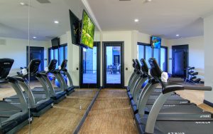 Essex Fitness Center Close of Treadmills lined up with mounted televisions